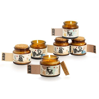 KRD Scented Candles Gift Set for Women, 120H Glass Jars Soy Wax, 6x2.6oz | 6 unique scents with 15% strong essential oil load. 6x2.6oz amber elegant glass jars. Perfect spa bath gift set for women