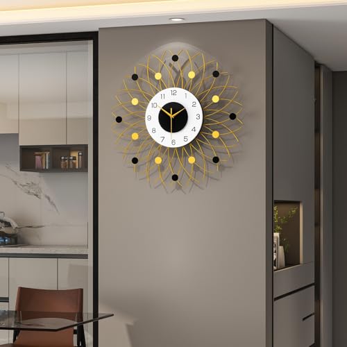 Large Gold Starburst Wall Clcok with Light for Living Room Decor | 24 Inch Big Luxury Decorative Wall Clock Battery Operated Non Ticking Silent Modern Luminous Clock for Kitchen Office Home - style: Modern