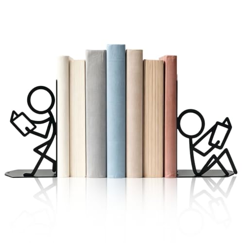 People Metal Bookends Unique Decorative Book Ends for Shelves Office Desk | 1.5 mm Metal Cute Character Figurine Bookends Black Book Stopper for Library Cafe Bookshelf Decor Book Lovers & Teachers Gift - color: Black People