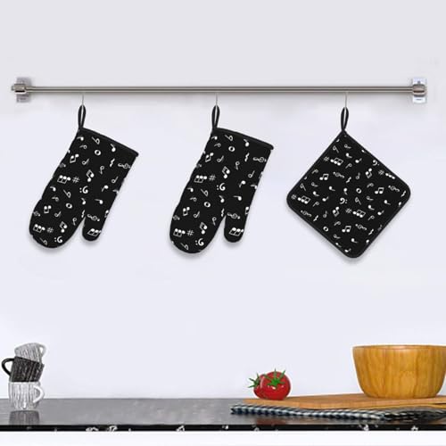 Music Notes Oven Mitts and Pot Holders Sets of 3 Black Hot Pads Musicial Oven Gloves Heat Resistant Non Slip Washable for Kitchen Cooking Grilling Baking - color: Music Notes