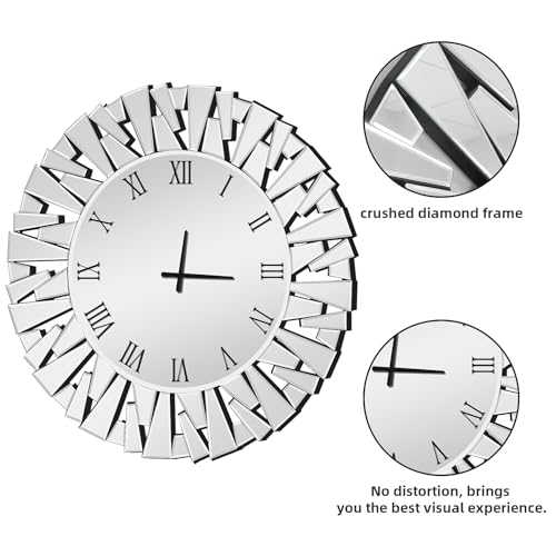 Wall Clock, Round Silver Mirror Silent 32 Inch Large Wall Clock, Modern Glass Wall Decor, Clock Battery Operated, Suitable for Living Room, Home, Kitchen, Office