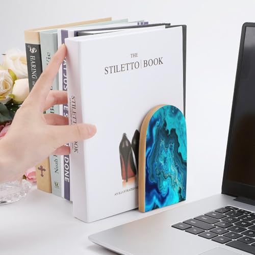 Bright Aqua Blue Turquoise Book Ends for Shelves Decorative Wooden Bookends Heavy Duty Non-Skid Book Stopper Modern Book Holder Cute Book Organizer for Home Office Library Desk Decor
