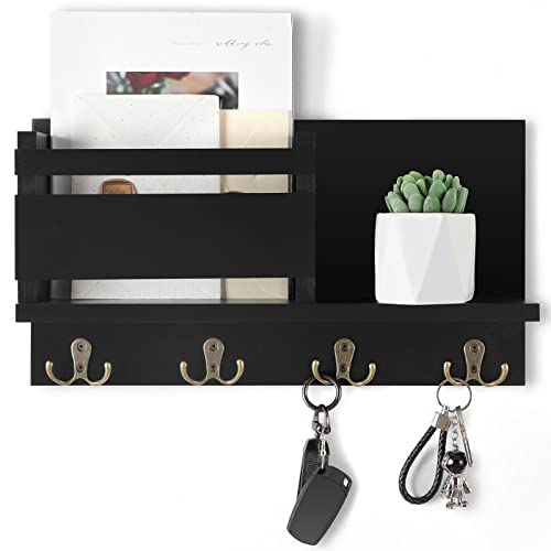 Key and Mail Holder for Wall Decorative - Rustic Mail Organizer Wall Mount, Wooden Letter Sorter Organizer with 4 Key Rack Hooks for Hallway Kitchen Farmhouse Decor (16.5” x 9.1” x 3.4”) (Black) - color: A - Black