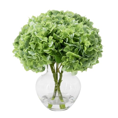 Hydrangea Artificial Flowers with Glass Vase, Real Touch FauxHydrangea Arrangement with Faux Water, Ready-to-Display Table Centerplecefor Bathroom, Shelf, Home Décor (Dark Green) - color: Dark Green