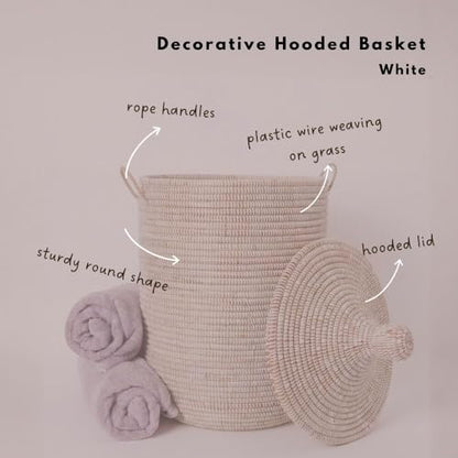 Decorative African Hooded Basket with Lid and Handles, 15" Wide, 19" Tall (White) - color: White