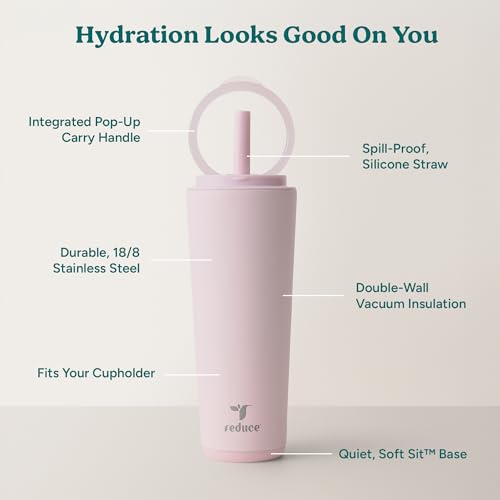 REDUCE Halo 24 oz Stainless Steel Vacuum Insulated Tumbler - Spill Proof Travel Mug with Flip Handle Lid - Keeps Drinks Cold for 32 Hrs - Dishwasher Safe - Cupholder Friendly - Pink Quartz - color: Pink Quartz, size: 24 Ounces