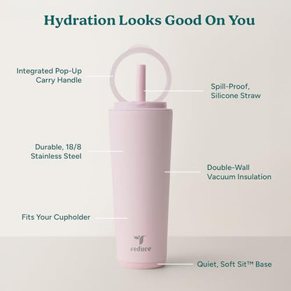 REDUCE Halo 24 oz Stainless Steel Vacuum Insulated Tumbler - Spill Proof Travel Mug with Flip Handle Lid - Keeps Drinks Cold for 32 Hrs - Dishwasher Safe - Cupholder Friendly - Pink Quartz - color: Pink Quartz, size: 24 Ounces