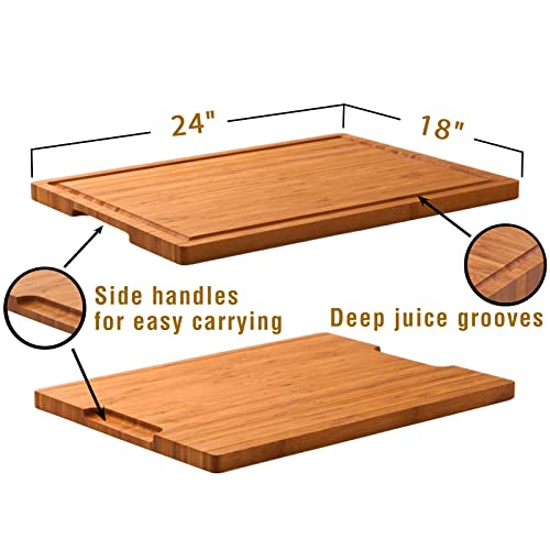 Allsum Extra Large Carbonized Bamboo Wood Cutting Boards for Kitchen, Huge Chopping Board with Juice Grooves & Handles Resisting to Warping and Cracking, Huge Charcuterie Boards, 24"L x 18"W - size: 24"L x 18"W