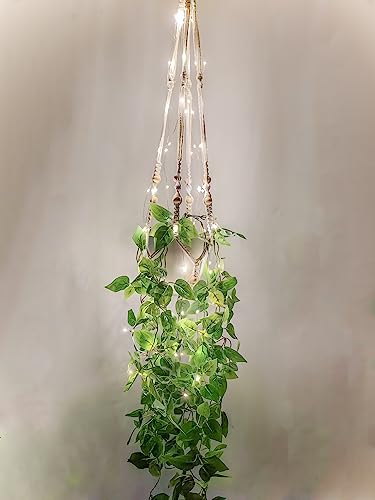 Comtelek Fake Hanging Plants with Lights Artificial Plants for Home Decor Macrame Plant Hanger with Fake Vines Faux Hanging Planter for Wall Ceiling Bedroom Bathroom Kitchen Office Boho Decor Indoor - color: Green