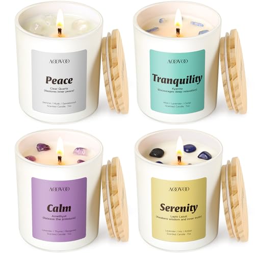 AOOVOO Stress Relief Candles Set for Women - 4 Pack Candle for Home Scented | 28 oz Soy Wax 200h Burn, Aromatherapy Candle with Crystal, Peace/Kyanite Tranquility /Amethyst Calm /Lapis Lazuli Serenity - style: Stress Relief Candles Set