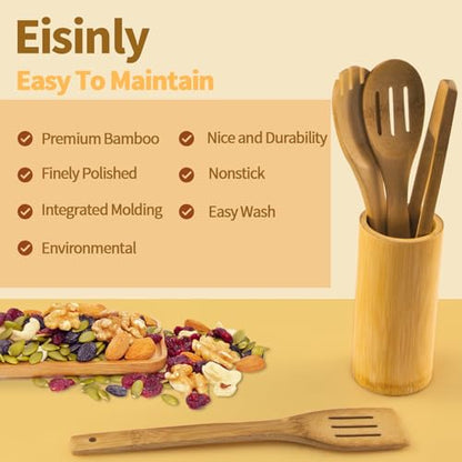 Eisinly Wooden Spoons for Cooking 7-Piece, Kitchen Nonstick Bamboo Cooking Utensils Set, Carbonized Bamboo Durability Spatula Spoon for Everyday Use - color: Carbonized Bamboo, style: Square-edge