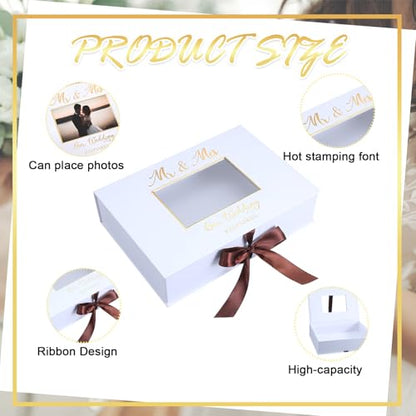 Weysat 12x9 Inches Gold Stamping Font Wedding Keepsake Box Cover with Photo Frame, White Wedding Memory Box with Ribbon for Couples Newlyweds Bridal Shower Gifts