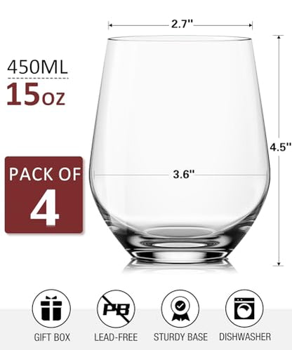 OJA Wine Glasses Set, Crystal Stemless Red Wine Glass, Set of 4, 15 oz | No Stem, Clear, Sturdy Drinking Glass for White Wine, Daily Use, Birthday, Wedding, Home Party, Anniversary, Shower Gift - style: Set of 4-15 oz