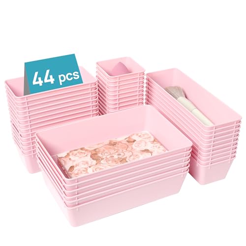 Vtopmart 44 PCS Plastic Drawer Organizers Set, Vanity Organizer Trays, Pink | 4-Size Versatile Makeup Organizer, Non-Slip Storage Containers for Makeup, Jewelries, Bedroom，Kitchen Utensils and Office - color: Pink