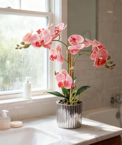 Fake Orchid Plant Artificial Flowers Pink Orchids in Ceramic Vase Faux Real Touch Flowers for Decorations Table Centerpiece Arrangements Fake Flowers that Look Real Home Decor