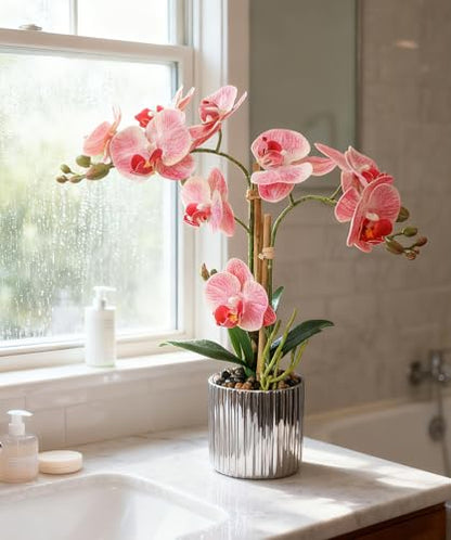 Fake Orchid Plant Artificial Flowers Pink Orchids in Ceramic Vase Faux Real Touch Flowers for Decorations Table Centerpiece Arrangements Fake Flowers that Look Real Home Decor
