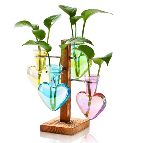 Plant Terrarium Propagation Stations: Colored Vase with Wooden Stand | 4 Irised Crystal Glass, Heart Shaped, Home Table Decor, Birthday Gifts for Plant Lovers Women Mom Wife - color: Colored