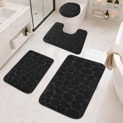 Black Memory Foam Bathroom Rugs Set 4 Piece, Ultra-Soft Velvet Memory Foam Bath Mats Set, Absorbent & Quick-Drying, Non-Slip Backing, Machine Washable Bath Mats for Bathroom, Tub & Shower (Black)