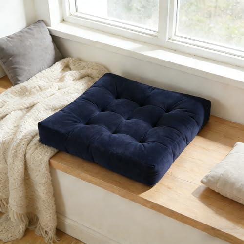 Square Floor Pillow Cushion, 22x22 Inch Meditation Pillow, Navy Blue | Thick Tufted, Soft Velvet Seat Cushion, for Yoga, Gaming, Reading, Living Room, Tatami, Chair - color: Navy Blue