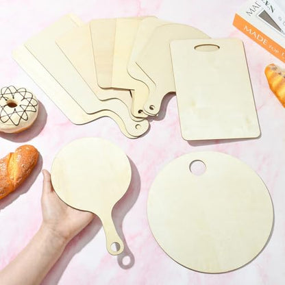10 pcs 10 Styles Wooden Mini Cutting Board with Handle Unfinished Rectangle Round Wooden Craft Paddle Boards for DIY Home Kitchen Fruit Decor