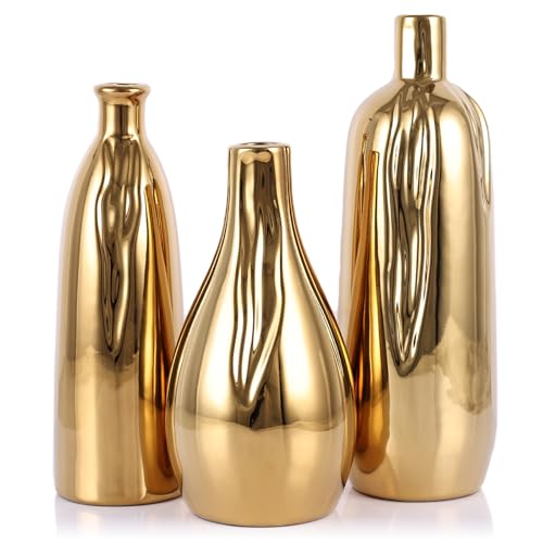 Vase Set of 3, Modern Ceramic Decorative Vases for Living Room, Bedroom, Art Decor, Mantle, Home Event Decor, Office Decorative, Weddings, Rustic & Farmhouse (Gold) - color: Gold