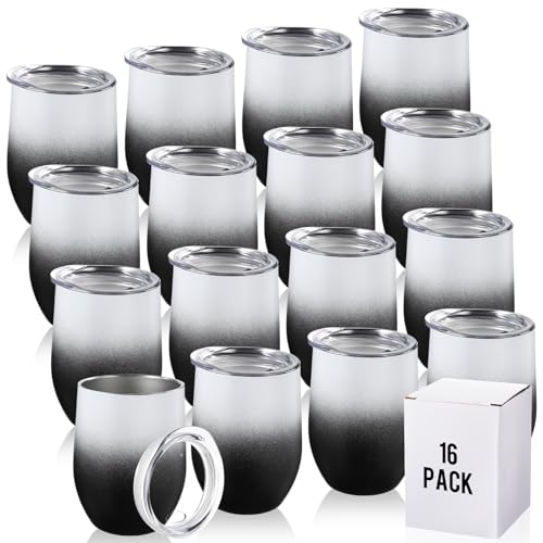 Remagr 16 Pack Stainless Steel Wine Tumblers 12 oz Insulated Vacuum Wine Cup Set Double Wall Stainless Steel Stemless Mug Glasses for Coffee Soda Whiskey Outdoor Travel (Black and White) - color: Black/White