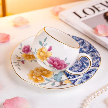 KAMMAK Tea Cups and Saucers Set of 2, Fine Bone China Coffee Cups, GH015 | Stackable Espresso Mugs, Ceramic Demitasse for Coffee, Cappuccino, Latte, Americano, Tea - size: 8KPGH015