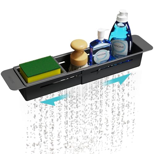 NiHome Extendable Kitchen Sink Caddy, Small Brush Sponge Storage Holder | Expandable Kitchen In Sink Organizer for Brush & Sponge with Drainage, Adjustable Length, Non-Slip Pads, Durable ABS (Black) - color: Black 1, size: Standard