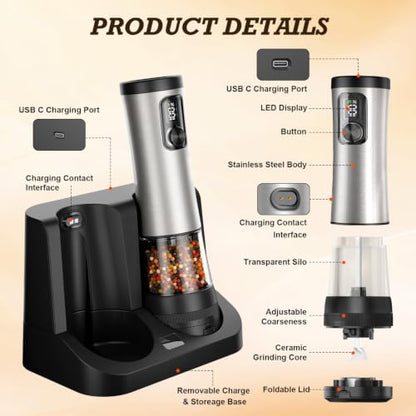 Flelano Electric Salt & Pepper Grinder Set, 2-Speed Setting, Stainless Steel Rechargeable Automatic Pepper Mill Shakers, Charging Base 100ml Capacity External Adjustable Coarseness LED Light,Black - color: Black