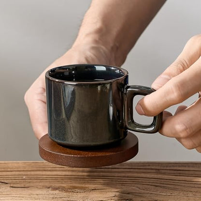 LUKA Porcelain Stackable Espresso Cups with Saucers and Metal Stand, 4 Ounce Small Ceramic Demitasse Cups Set for Latte, Specialty Coffee Drinks, Cafe Mocha,Tea - Set of 4, Kiln Tide Glaze - color: Kiln Tide Glaze