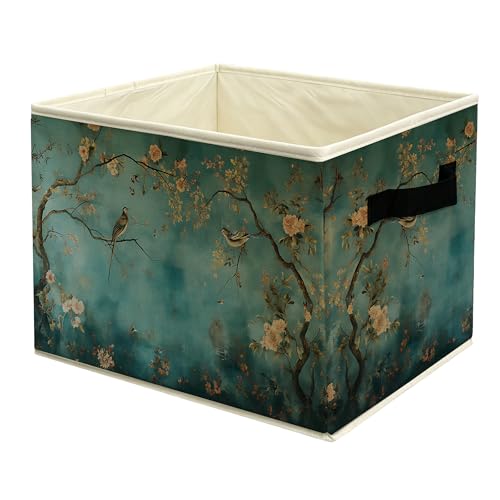 Vintage Chinoiserie Turquoise Floral Bird Storage Basket Bin with Handles, Oriental Cottagecore Peony Blossom Botanical Collapsible Fabric Storage Organizer for Shelves Closet Clothes Toys - color: colour 13