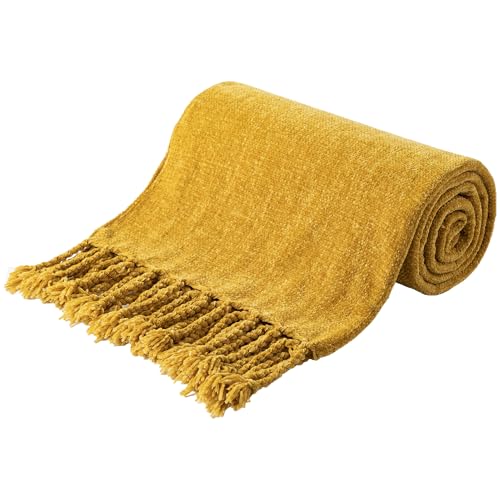 BATTILO HOME Mustard Yellow Chenille Throw Blanket for Couch, Soft Cozy Textured Knit Throw Blanket with Handmade Fringe Tassels, Lightweight Decorative Farmhouse Blanket for Sofa Bed Chair, 50"x60" - color: Mustard