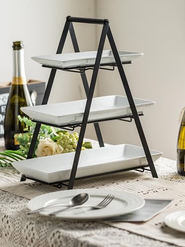YHOSSEUN 3 Tier Serving Tray Tiered Tray Stand, 10+12+14 Inch, Black | Ceramic Serving Platters and Trays with Metal Rack, Large Serving Trays for Party 3 Tier Serving Stand Dessert Display Set - color: E-black Stand, size: 10+12+14 Inches