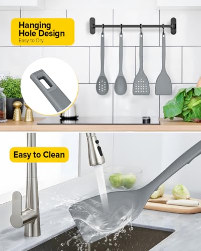 Pack of 4 Silicone Cooking Utensils Set, Non Stick Solid Spatulas and Heat Resistant Slotted Spoons with Back Hooks, Ideal BPA Free Kitchen Utensils Set for Frying,Serving,Turning,Stirring (GRAY) - color: Gray