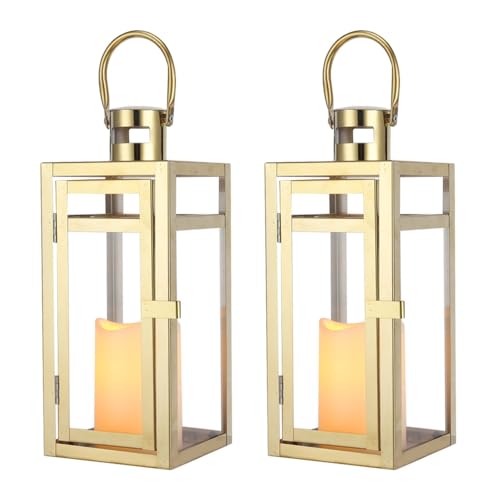 TRIROCKS Set of 2 Stainless Steel Decorative Lantern 12'' High Metal Candle Holder Outdoor Candle Lantern with Tempered Panels for Home Decor Living Room Parties Events Tabletop Indoor Outdoor (Gold) - color: Set of 2 Gold
