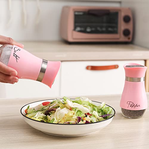 Salt and Pepper Shakers Set | Stainless Steel with Glass Bottle for Table, RV, Camp, BBQ, Set of 2, Pink - color: Pink