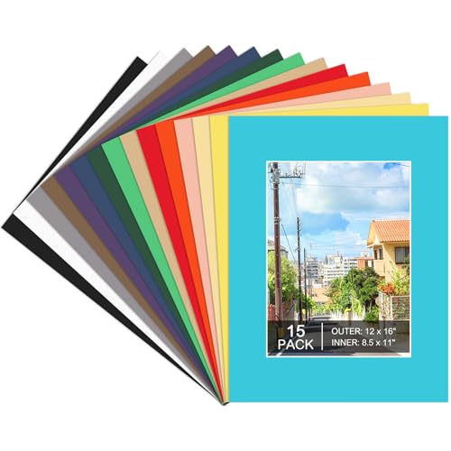 15 Pack 12x16 Picture Mats for 8.5x11 Photos, Mixed Colors | 1.2 mm Thick Beveled Mat Board, Assorted Colors, Cream Core, for Photos, Prints, Artwork Display and Frame Protection - size: 12x16 for Photos 8.5x11