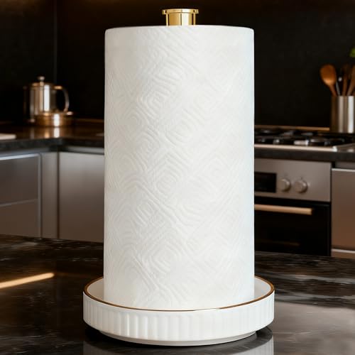 Paper Towel Holder, Ceramic Heavy Plate Base Wobble-Free, Roll Stand-Gold | Effortless Cleaning and Easy to Assemble, Super Large for Triple Rolls, High End Looking as a Good Gift for Kitchen Island - color: Lux-gold