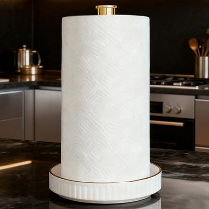 Paper Towel Holder, Ceramic Heavy Plate Base Wobble-Free, Roll Stand-Gold | Effortless Cleaning and Easy to Assemble, Super Large for Triple Rolls, High End Looking as a Good Gift for Kitchen Island - color: Lux-gold