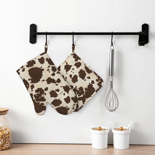 Brown Cowhide Oven Mitts and Pot Holders Sets Silicone Brown Cow Print Kitchen Mitts Cowhide Skin Pattern Potholders Heat Resistant 4Pcs Oven Gloves Hot Pads for Kitchen Baking Cooking - color: Brown Cow Print