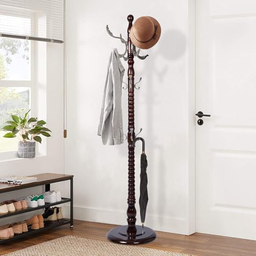 Wooden Coat Rack Freestanding, Nostalgic | Vintage Coat Racks with Sturdy Round Base, Adjustable Height 37.40"-72.83" Entrance Coat Rack for Bedroom Living Room - color: Nostalgic