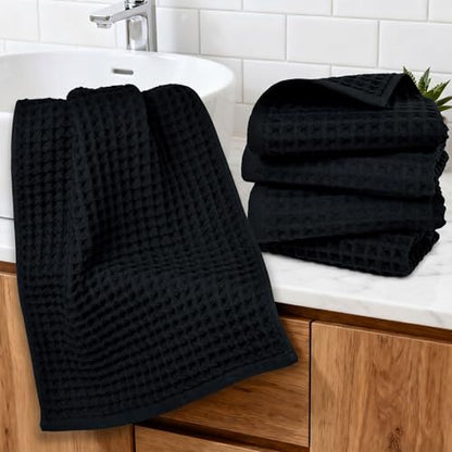 Jacquotha Black Waffle Cotton Hand Towel Set of 5 | Quick Dry, Low Lint Towels for Bathroom, Kitchen & Daily Life, 13" x 29" - color: Black