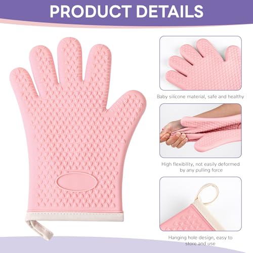 1 Pair Oven Mitts, Heat Resistant Protective Oven Gloves, Cotton Lined Silicone Kitchen Mitts Pair, Nonslip Silicone Cooking Gloves with Fingers (Pink) - color: Pink