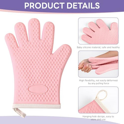 1 Pair Oven Mitts, Heat Resistant Protective Oven Gloves, Cotton Lined Silicone Kitchen Mitts Pair, Nonslip Silicone Cooking Gloves with Fingers (Pink) - color: Pink