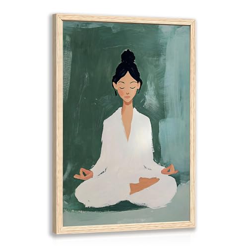 GELDSTEI Wood Framed Green Meditation Yoga Zen Wall Art 16x24 in | Yoga Room Aesthetic Wall Decor, Relaxing Bedroom Art Print, Peaceful Meditation Decor, Modern Zen Gift for Home - color: Green(Wood), size: 24"L x 16"W