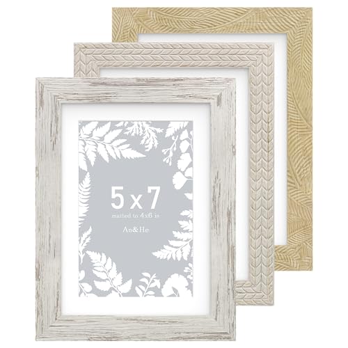 An&He 5x7 Picture Frames Set of 3, Rustic Vintage Photo Frame with HD Plastic Cover, for Wall Hanging or Tabletop Display, Excellent Decorative Artwork - color: Oak+Grey+OW, size: 5x7