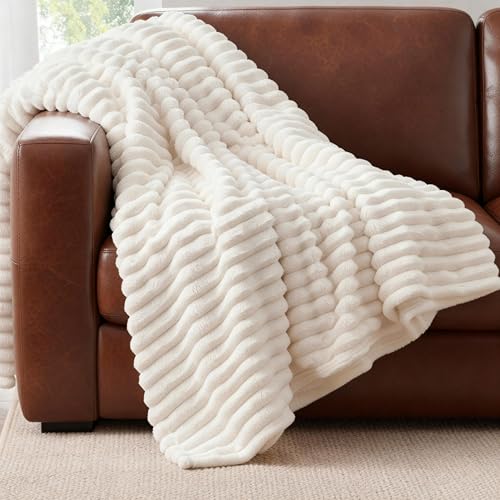 Nookly Cream Twin Size Fleece Blanket, Soft Lightweight Ribbed Plush Bed Blanket, Cozy All-Season Striped Fleece Twin Throw for Bedroom and Home, 60x80 Inches - color: Cream, size: Twin(60"x80")