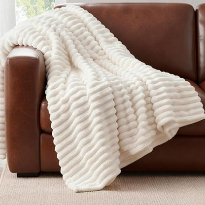 Nookly Cream Twin Size Fleece Blanket, Soft Lightweight Ribbed Plush Bed Blanket, Cozy All-Season Striped Fleece Twin Throw for Bedroom and Home, 60x80 Inches - color: Cream, size: Twin(60"x80")