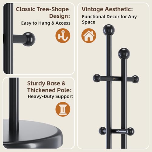 Uniclinens Wood Coat Rack Freestanding - Heavy Duty Freestanding Coat Rack, Wooden Coat Stand with 6 Hooks Creative Tree Branch-look for Entryway, Hallway, Bedroom (Black) - color: Black-2, size: 6 Hooks
