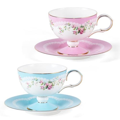 KAMMAK Tea Cups Set of 2,Ceramic Floral Pattern Demitasse Cup | Porcelain Espresso Cup with Saucer, 6.52 oz Handmade Elegant Bone China Tea Cups for Latte, Americano, Cappuccino - color: Beautiful in Pink (Light Pink + Light Blue)